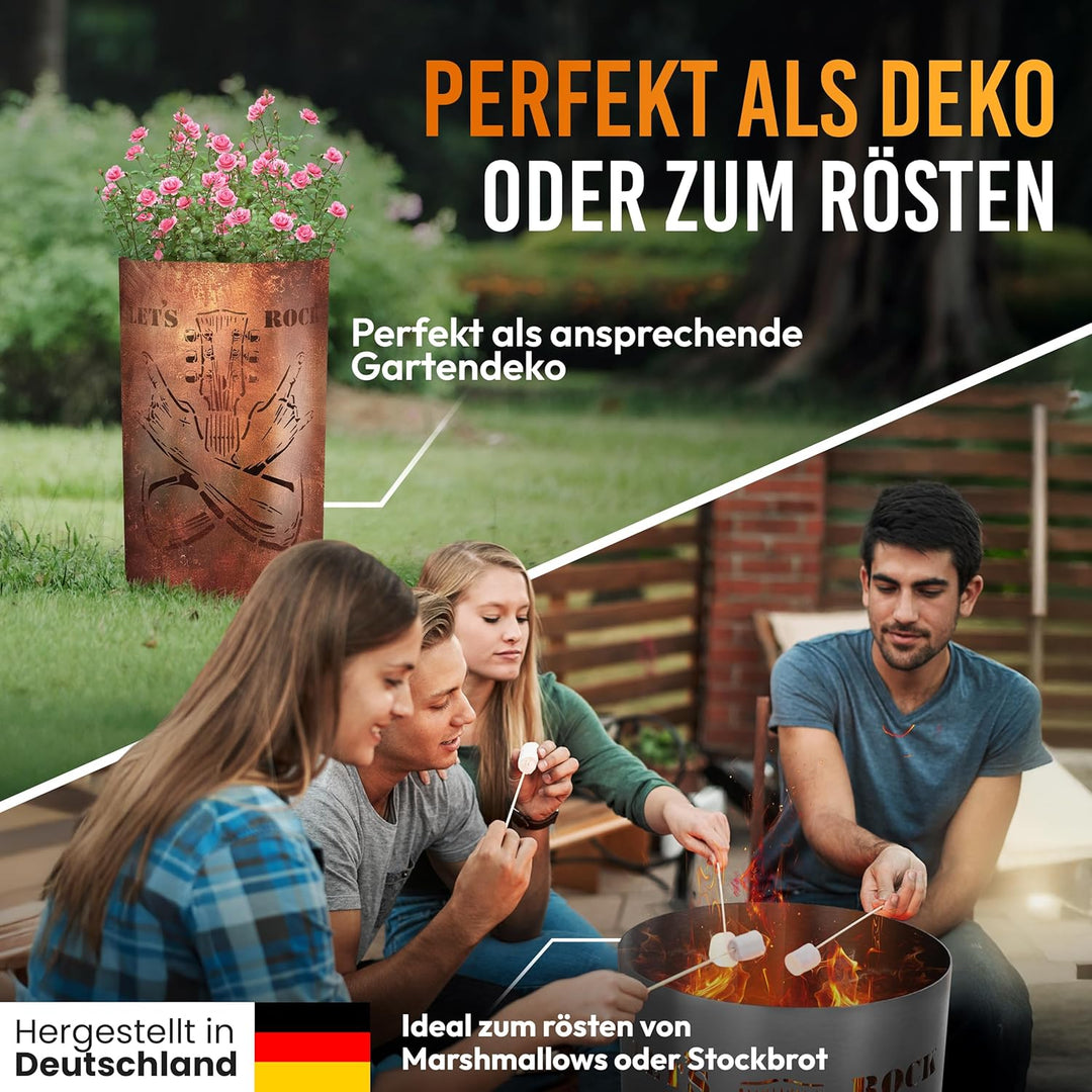 TiKo-Design® Feuertonne - Lagerfeuertonne - Feuerkorb mit Let`s Rock Motiv – Verleihen Sie Ihrem Gar