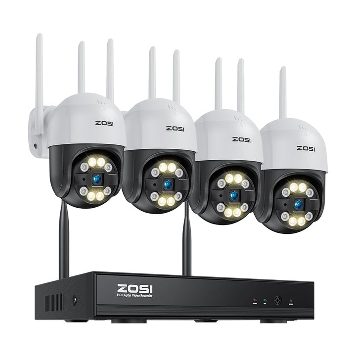 ZOSI 3MP Überwachungskamera Set WLAN Aussen, 4X Pan/Tilt IP Dome Kamera 355°/140° Schwenkbar, 2-Wege