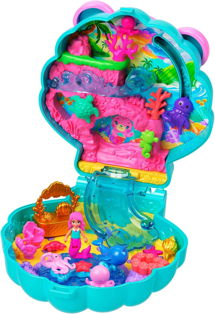 Polly Pocket Puppen und Spielset, Glitzerinsel-Schatulle, Reisespielzeug mit 1 Mini-Meerjungfrauenpu
