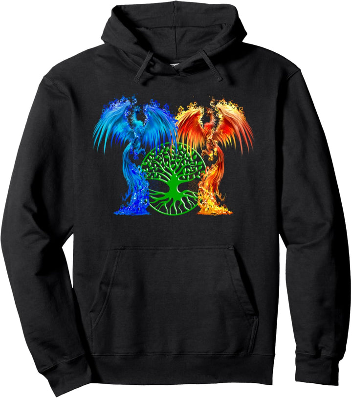 Fantasy Feuer und Eis Phönix Grüner Baum des Lebens Pullover Hoodie