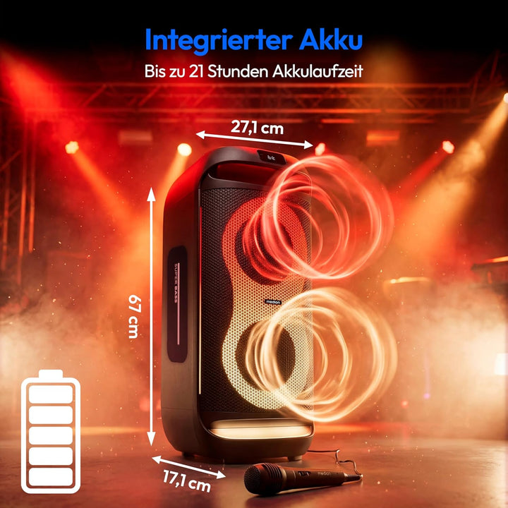 MEDION PE-2 Plus Partybox (Akku, mit Mikrofon, tragbarer Bluetooth Lautsprecher gross, Musikbox, Ver