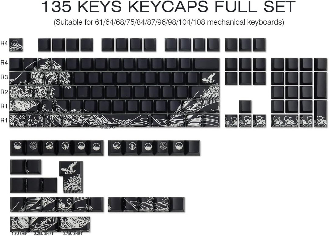 Sunzit PBT Keycaps 135 Tasten Custom Keycaps Cherry Profile Dye-Sub Tastenkappen Set Schwarz Welle V