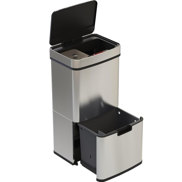 NARVIK Automatic Kitchen Bin Double Compartment 75l Edelstahl Recycling grosse Kapazität und 3l Tabe