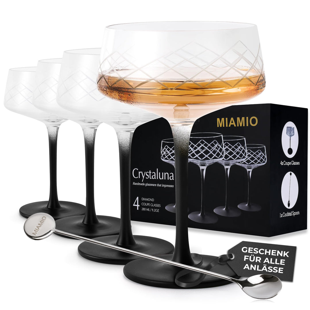 MIAMIO - 280 ml Coupe Gläser 4er Set mit Barlöffel, handgefertigte Kristall Cocktailgläser mit schwa