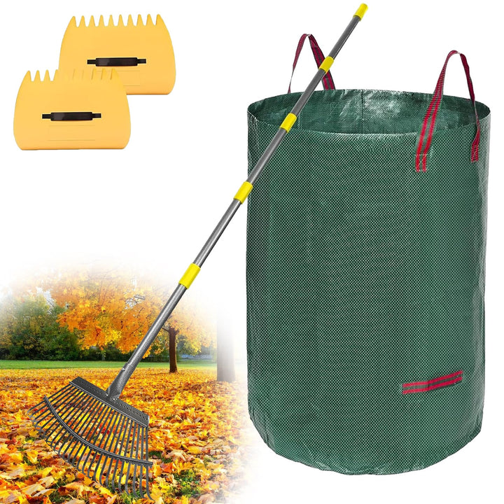 Rechen, Gartenlaubrechen Set - mit 32 Gallonen Laubsäcken und 2 Laubschaufeln, 202cm Laubrechen mit