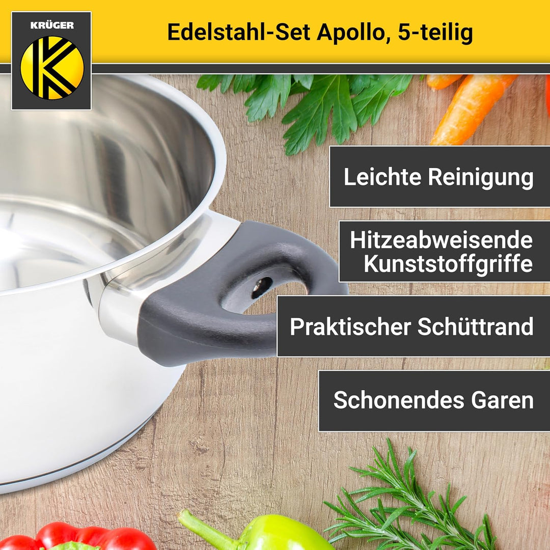 Krüger Edelstahl Kochtopf-Set Apollo 5-teilig - Topfset aus 4 Kochtöpfen und einer Stielkasserolle m
