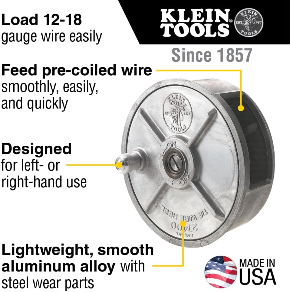 Klein Tools 27400 Tiewire Reel, leichtes Aluminium, Linkshänder und Rechtshänder mit Rücklaufknopf