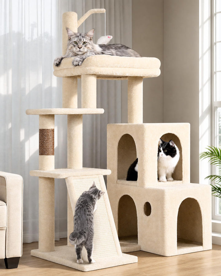 Globlazer Kratzbaum Beige Stabil mit 2 Gross Basis, 2 Katzenhaus 90° Drehbares, Gepolsterte Plattfor