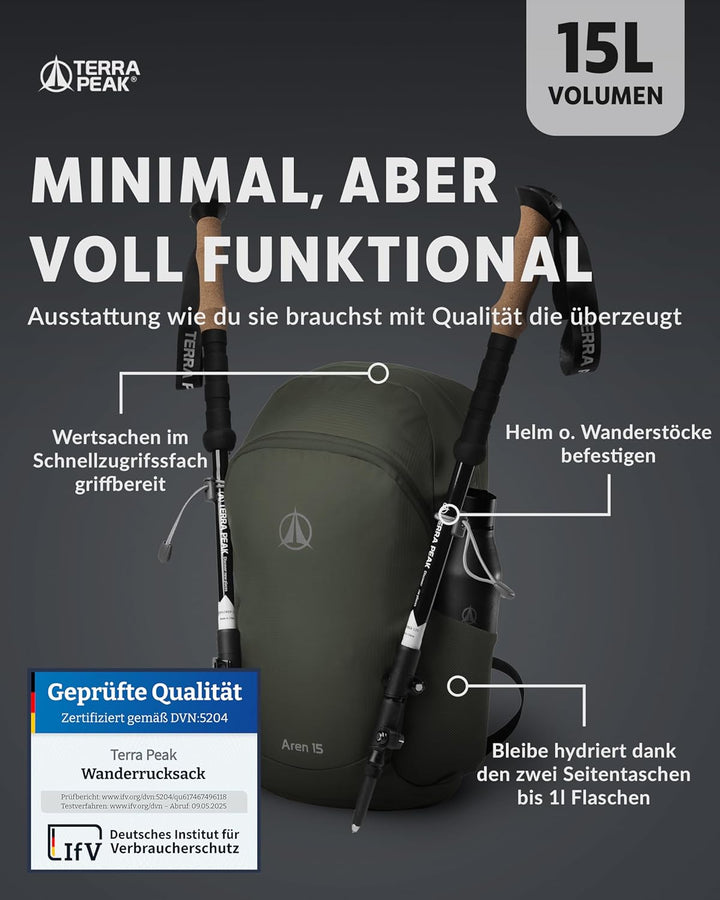 Terra Peak® Premium Wanderrucksack 15L (AREN) für Damen &amp; Herren klein &amp; extra leicht mit Rückenbelü