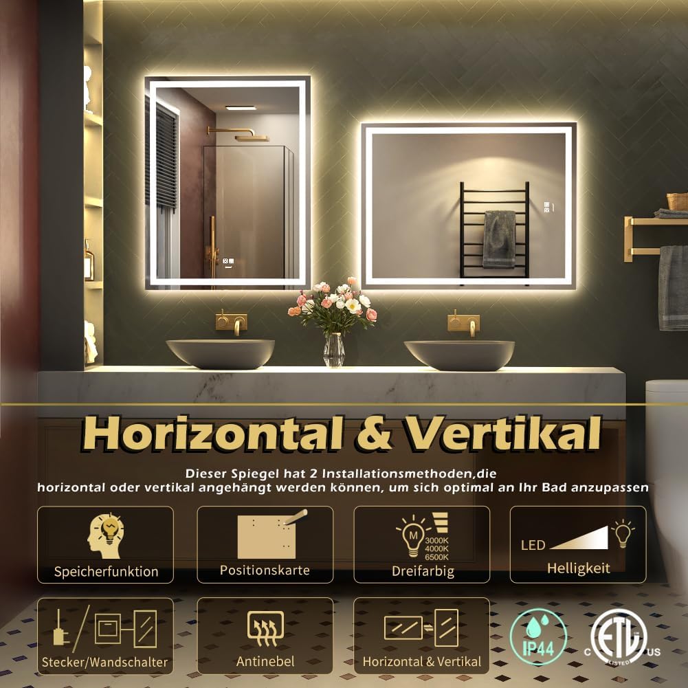 GANPE LED Badezimmer Spiegel, Make-up Eitelkeits Spiegel Wand montiert, 6500K High Lumen LED, Anti N