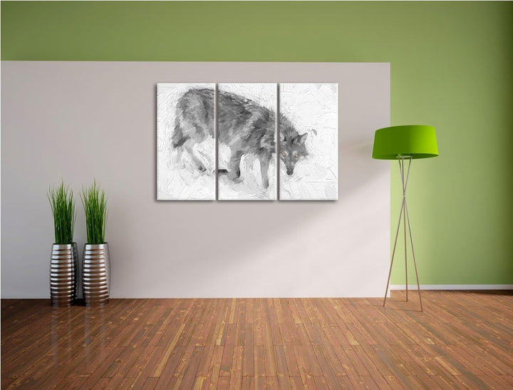 seltener Wolf im Schnee schwarz/weiss Deluxe 3-Teiler Leinwandbild 120x80 Bild auf Leinwand, XXL rie