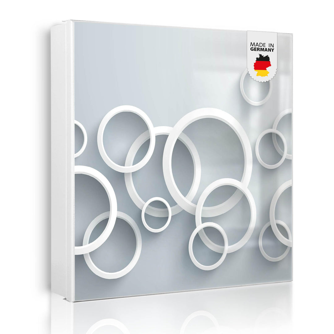 banjado® Grosser Schlüsselkasten Glas/Schlüsselbox 30cm x 30cm mit 50 Haken - Motiv Weisse Ringe/Sch