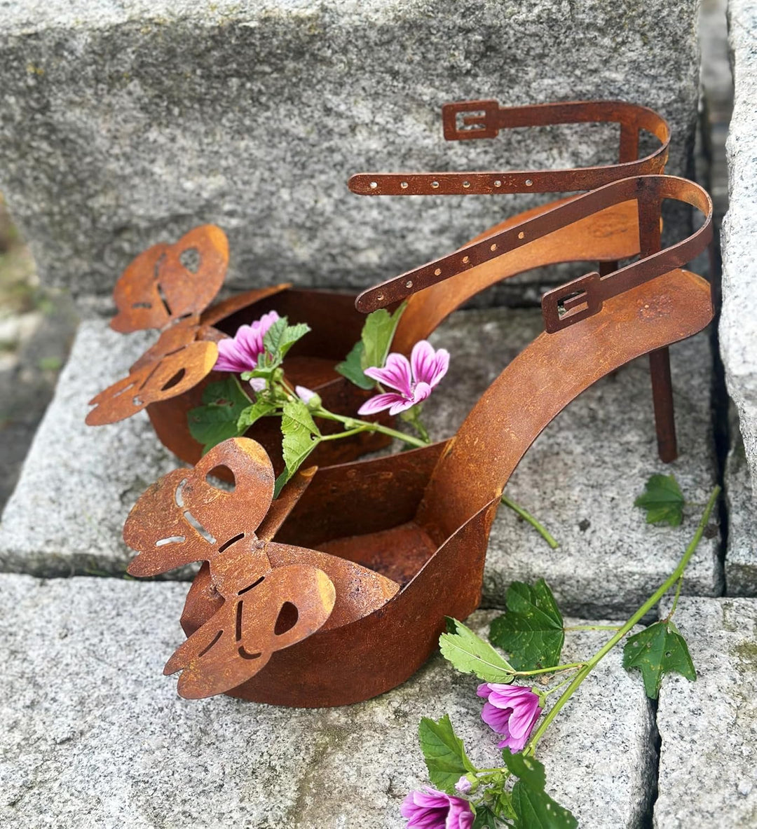 STEINFIGURENWELT GIEBEN 2er Set Pumps Damenschuhe zum Bepflanzen 31x16cm Edelrost Pflanzschuhe Stöck