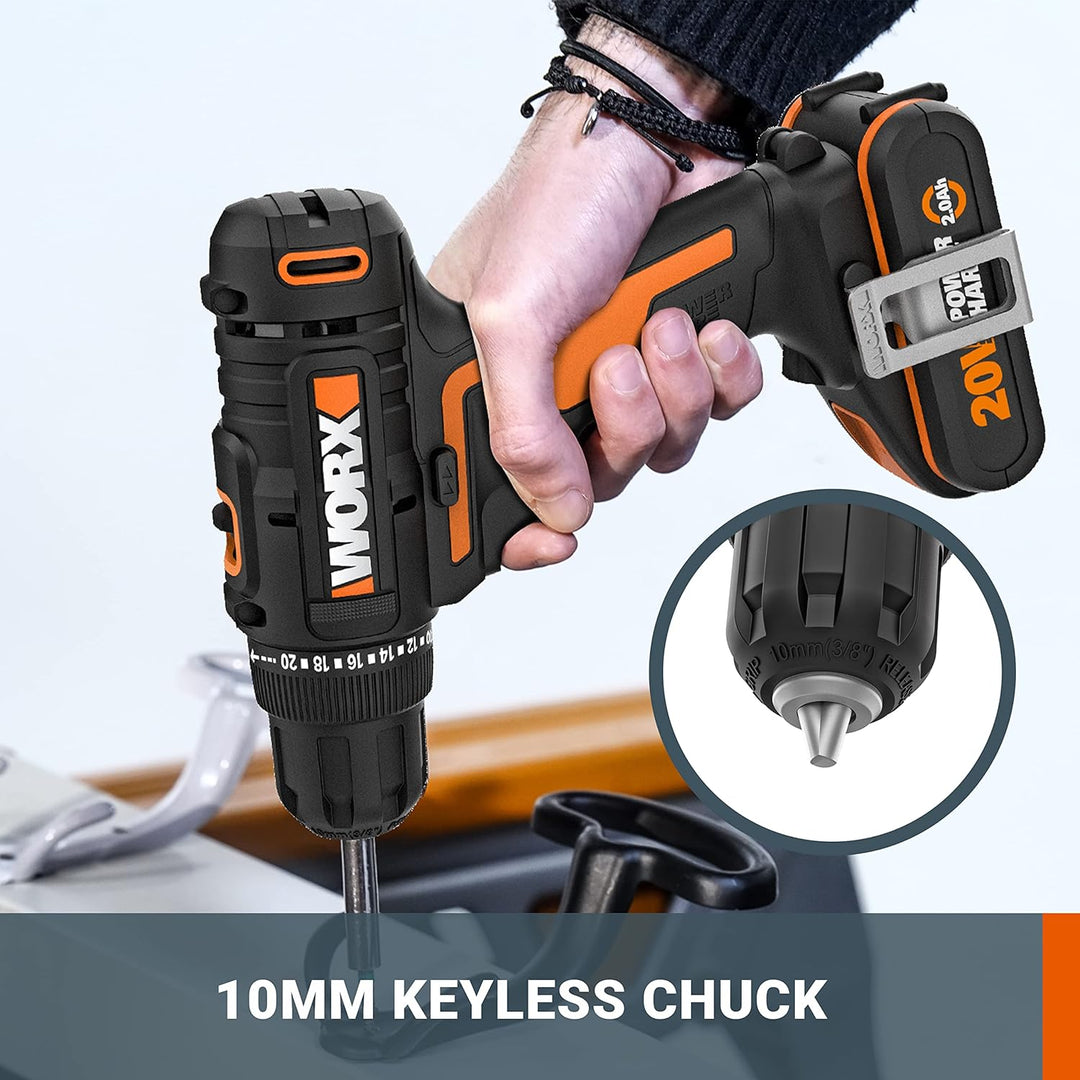 WORX 18V (20V) Akku-Bohrschrauber WX100.3, PowerShare, max. 30 Nm Drehmoment, variable Drehzahl, LED