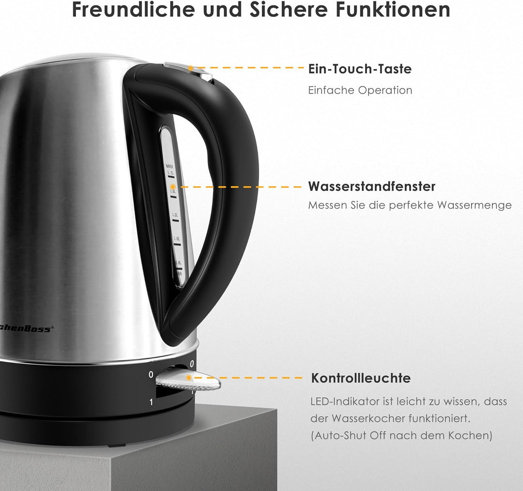 KitchenBoss Elektrischer Wasserkocher Edelstahl： 1,7L, 2100W Schnellkoch-Elektrischer Wasserkocher m
