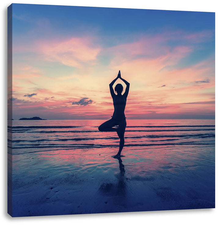 Pixxprint Yoga am Strand, Format: 70x70 auf Leinwand, XXL riesige Bilder fertig gerahmt mit Keilrahm