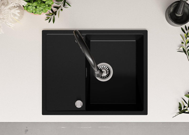 PRIMAGRAN Granitspüle Schwarz 62x50cm, Spülbecken 1 Becken + Küchenarmatur 40x38cm + Zuberhor-Set, K