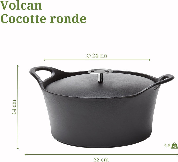 Cuisinox C61179WX29857 Volcan Bräter, rund, 24 cm, Gusseisen, emailliert, Schwarz, mit Deckel 24 cm
