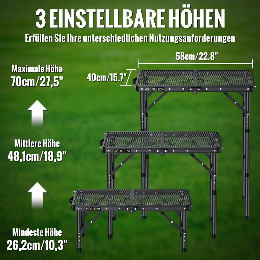 GARLLEN Grilltisch klappbar, 58x40cm &amp; 3 Höhenverstellbar(26/48/70cm), Leicht und Tragbar, Klapptisc