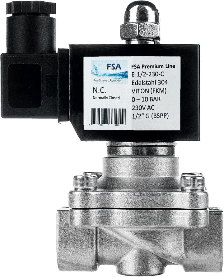 FSA Magnetventil Edelstahl 304 1/2" 230V AC 0-10 bar Viton stromlos geschlossen, 230v Ac