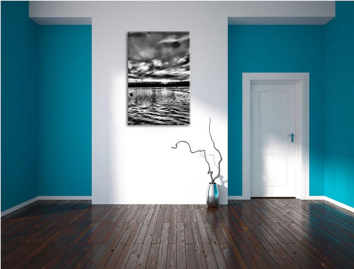 Pixxprint Schwäne im Sonnenuntergang / 100x70cm Leinwandbild bespannt auf Holzrahmen/Wandbild Kunstd