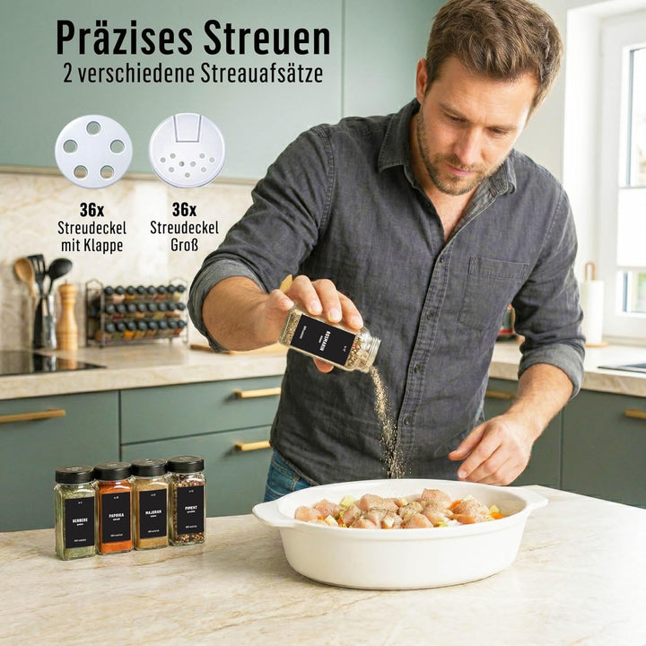 Deco haus® Gewürzgläser Eckig mit Gewürzetiketten Gewürzgläser mit Streueinsatz 36er Set - Gewürzdos