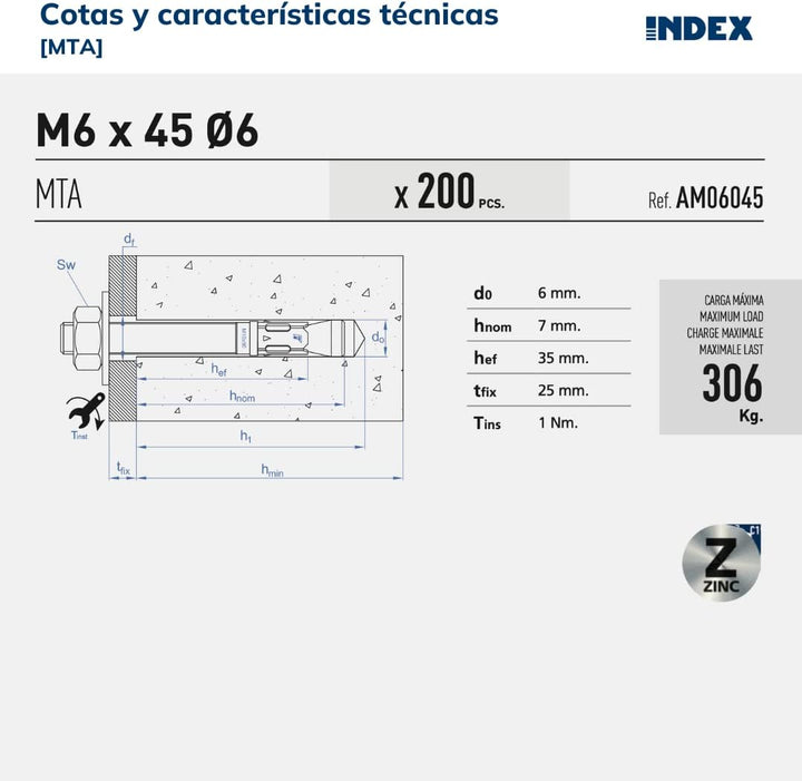 Index Fixing Systems MTA – Pack von 50 Verankerungen männlich für hohe Lasten (verzinkt), AM12120 M1