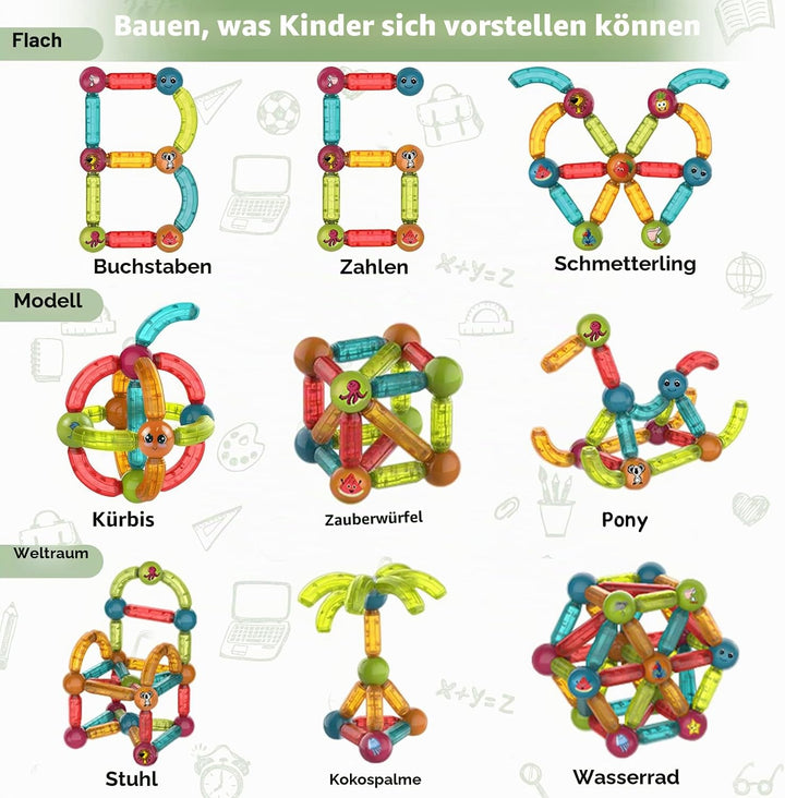 Jvchengxi Magnetische Bausteine Magnet Spielzeug Set, MINT Montessori Konstruktion Pädagogisches 3D