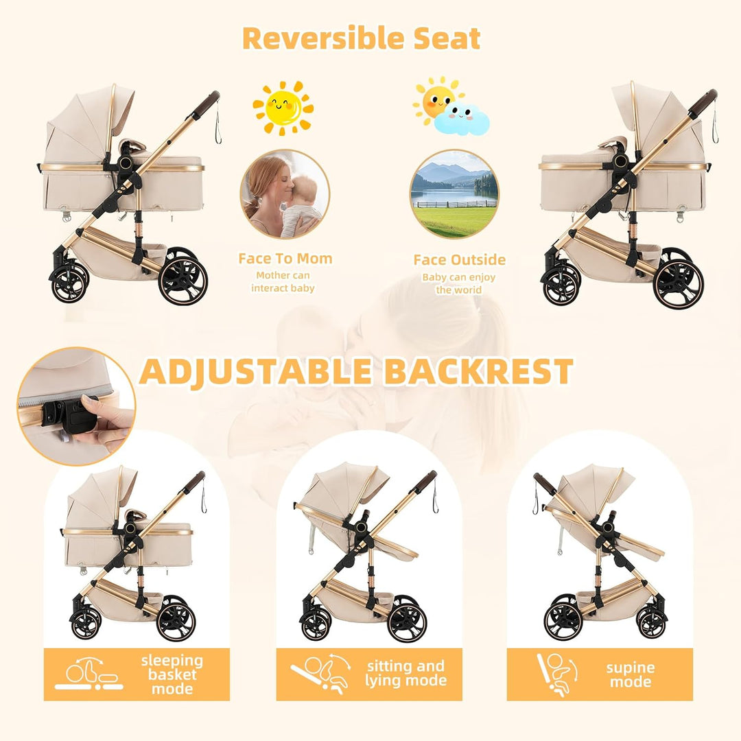Kinderwagen 3 in 1,Puppenwagen Mit Babyschale Buggy Komplettset with One-touch Folding,KombiKinderwa