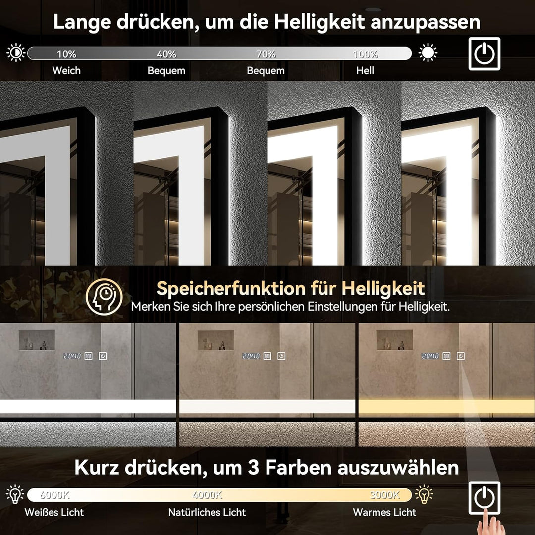 YU YUSING Badspiegel mit Beleuchtung 100x80cm Badezimmerspiegel mit Beschlagfrei 3 Lichtfarbe Dimmba