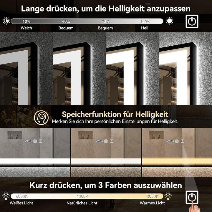 YU YUSING Badspiegel mit Beleuchtung 100x80cm Badezimmerspiegel mit Beschlagfrei 3 Lichtfarbe Dimmba