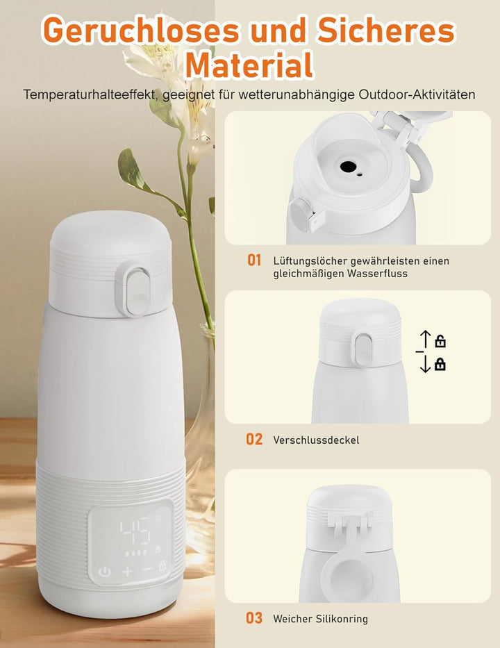 Tragbarer Flaschenwärmer, 500ml Flaschenwärmer Baby Unterwegs Präzise Temperaturkontrolle 37 Bis 55