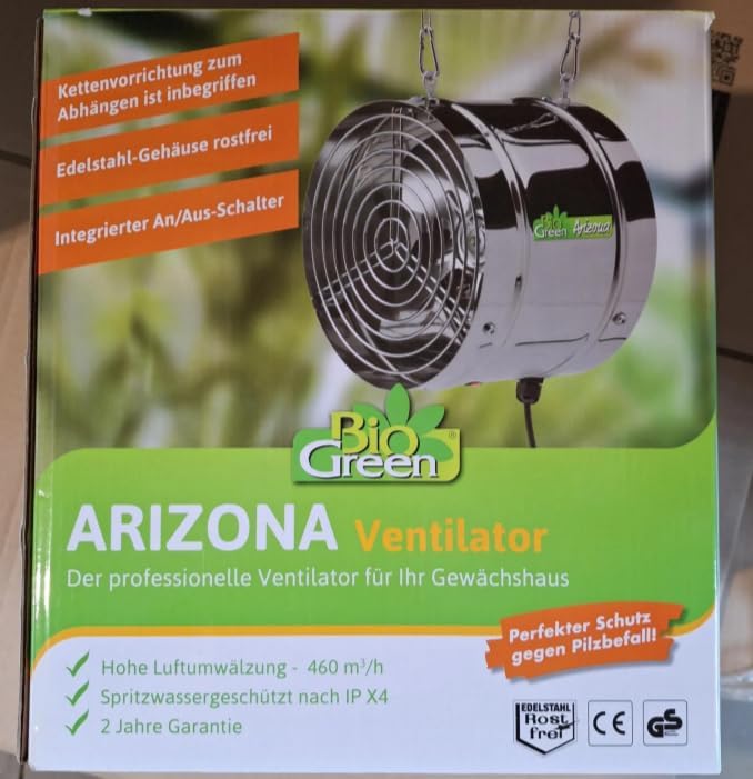 Bio Green Ventilator, 31W, 460 qm/h für Gewächshaus und Wintergarten, IP X4 spritzwassergeschützt, E