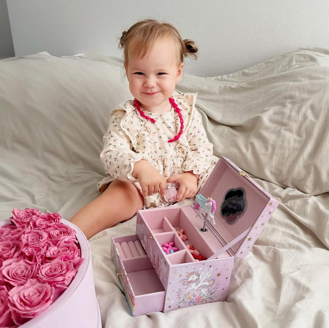 ProCase Kinder Musik Box Schmuckkästchen mit Spieluhr Einhorn & Konservierte Blumen, Schmuckschatull