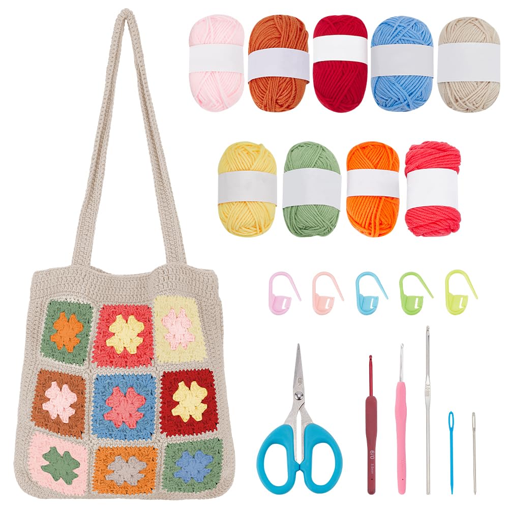 ORIGACH Häkel Tasche Set Für Anfänger, Granny Square Häkeltasche Häkelset, Häkelset für Erwachsene M