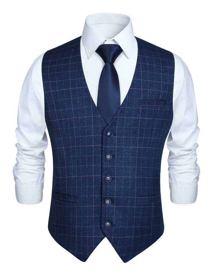 HISDERN Manner Formale Hochzeitsfeier Weste Baumwolle Plaid Kleid Anzug Weste für Herren 1Royal Blue