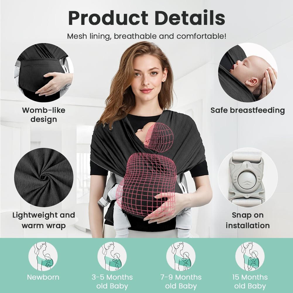 AOOWU Tragetuch Baby Neugeborene mit Schnalle, Freihändiges Babytragetuch im T-Shirt-Design, Einfach