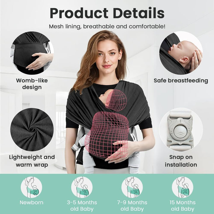 AOOWU Tragetuch Baby Neugeborene mit Schnalle, Freihändiges Babytragetuch im T-Shirt-Design, Einfach