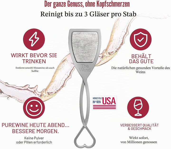 PureWine Weinfilter „The Wand“ mit Weinglas-Anhänger | Entfernt Histamine & Sulfite – Weniger Kopfsc