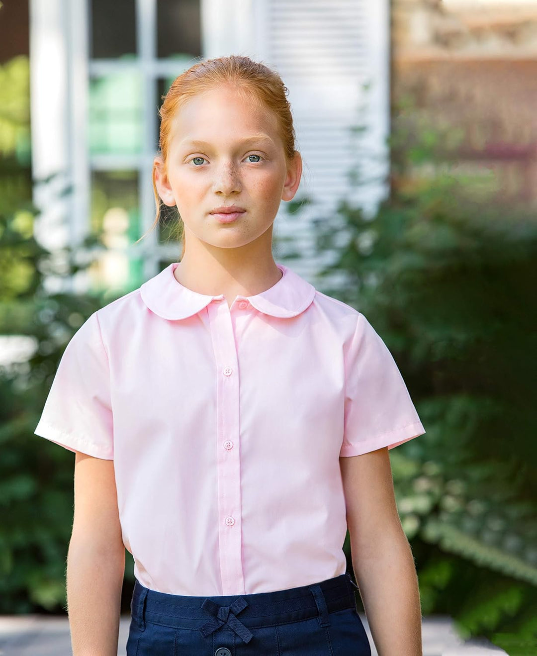 French Toast Girls' Big Short Sleeve Modern Peter Pan Collar Blouse, Pink, 12