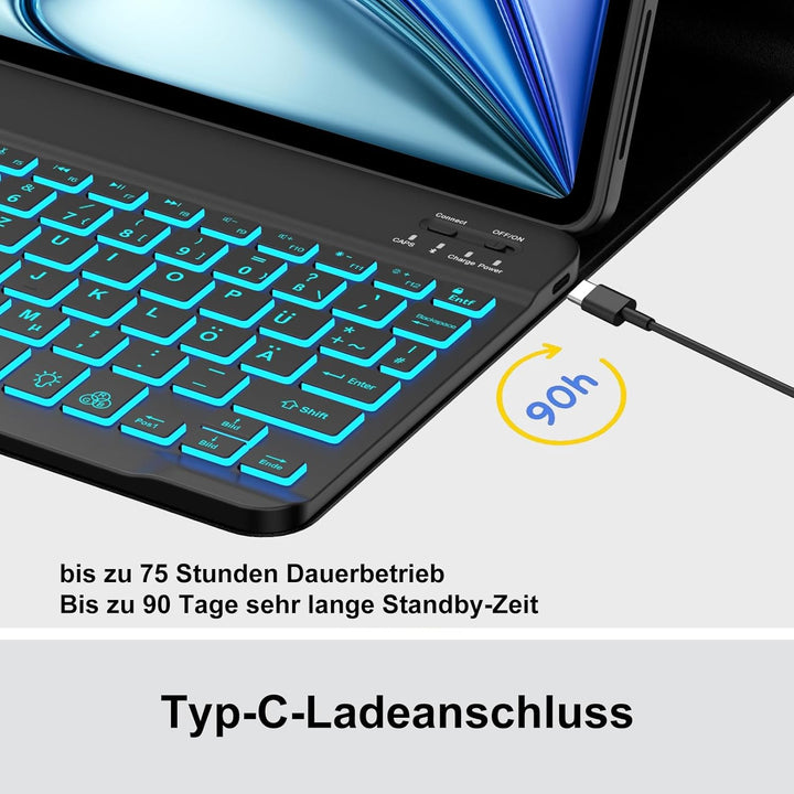 Bluetooth Tastatur Deutsches Layout für 10+ Zoll Tablets, Mit 7-Farben Hintergrundbeleuchtung, Ohne