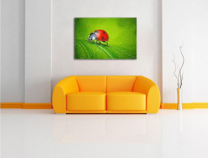 Pixxprint Marienkäfer auf Blatt als Leinwandbild/Grösse: 100x70 / Wandbild/Kunstdruck/fertig bespann