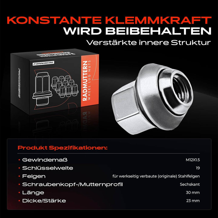 Frankberg 5x Radmutter Vorne Hinten Kompatibel mit C-Max Capri III Cougar Escort Fiesta Focus Fusion