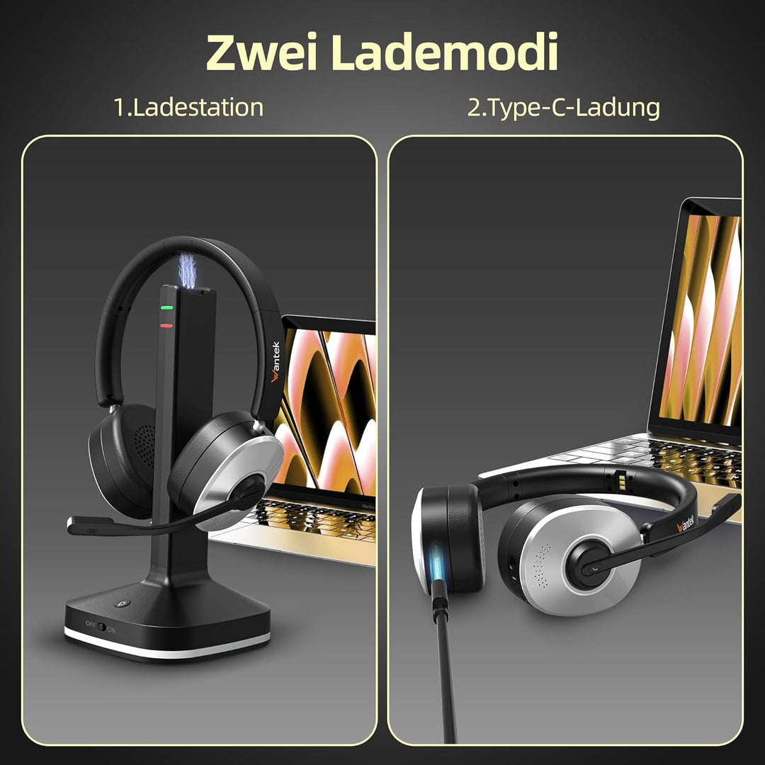 Wantek Kabelloses Headset mit Mikrofon, Bluetooth Headset mit Ladestation, Wireless Kabelloses Headp