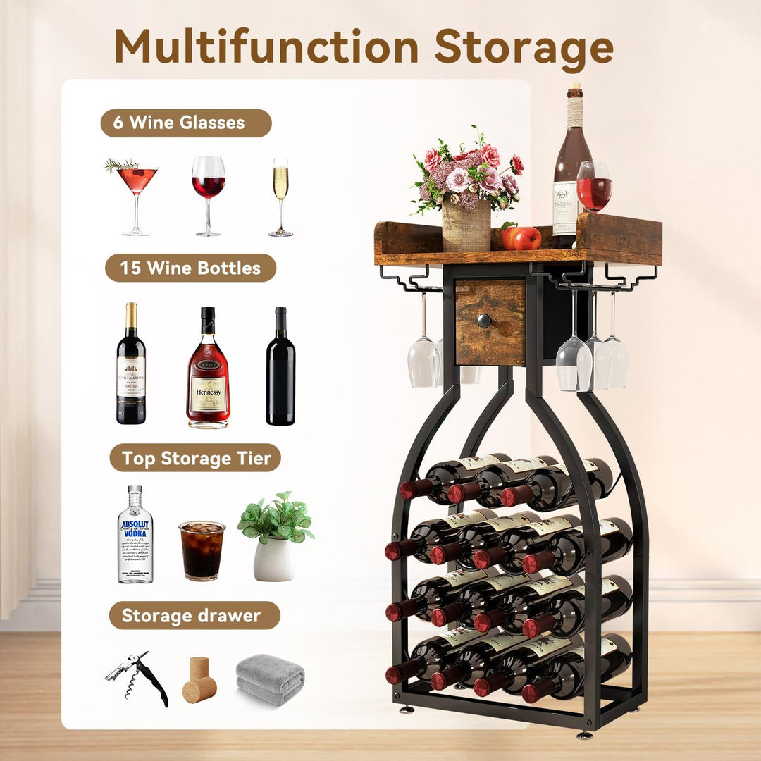 IBUYKE Weinregal Freistehend für 15 Flaschen,Flaschenregal mit Glashaltern und Speicher Schublade,Mi