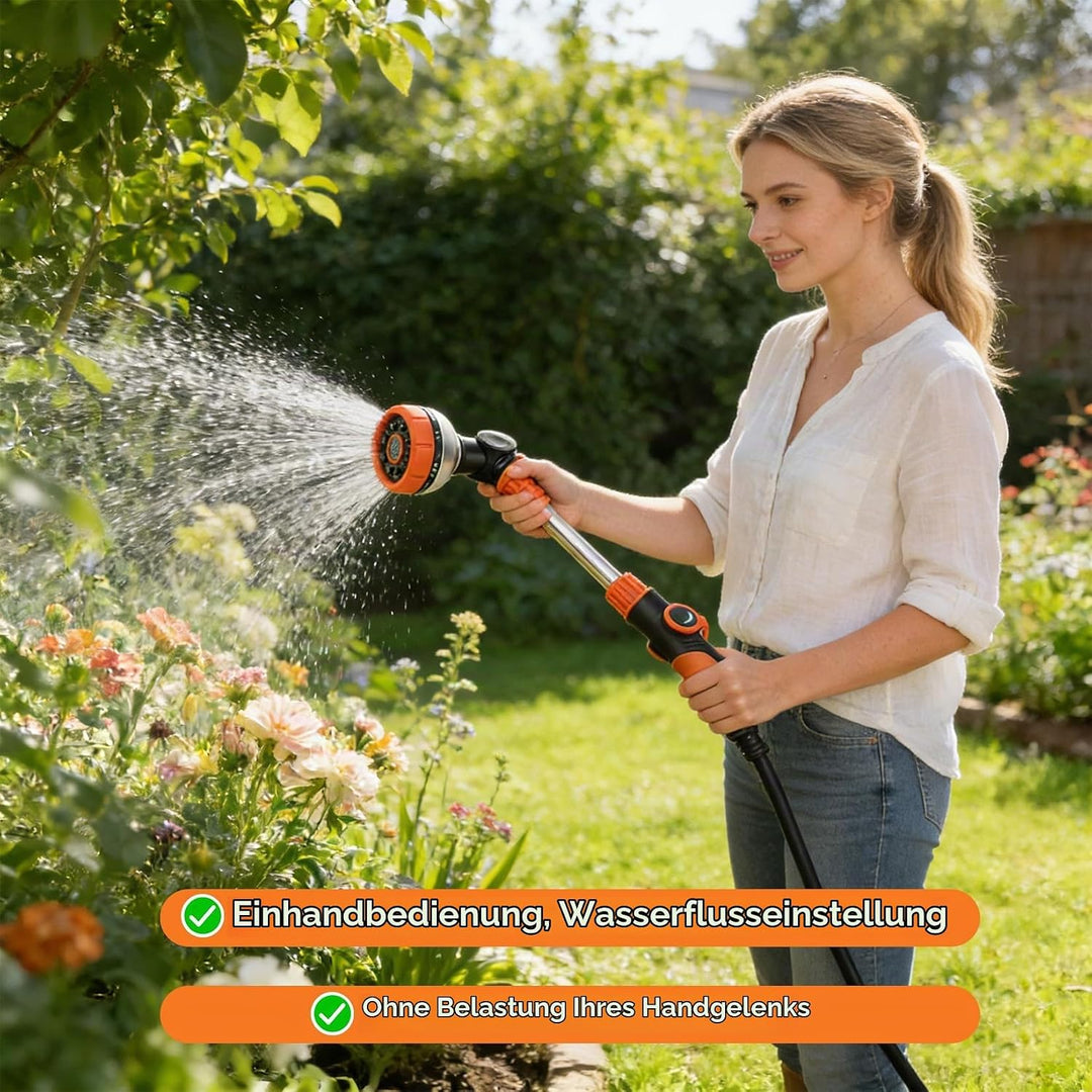 Idota Giessstab Lang 47CM Gartenbrause mit 180° Schwenkkopf 8 Sprühmustern für Garten, Beete (Orange