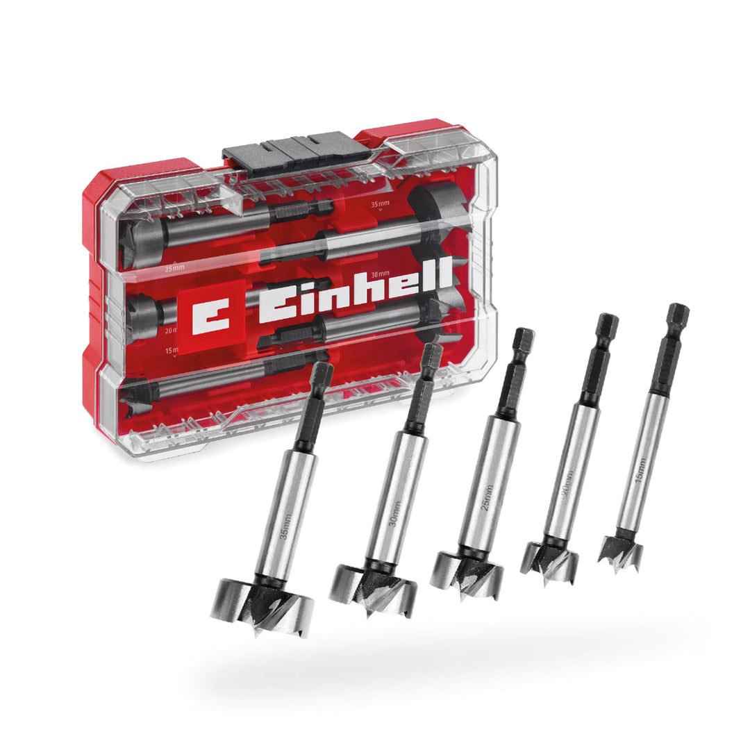Original Einhell M-CASE 5-tlg. Forstnerbohrer-Set (aus C65 Stahl, E 6.3 Schaft, Querschneide, Zentri