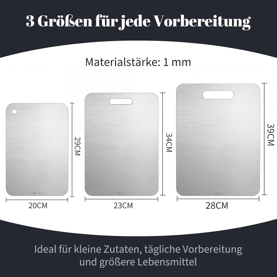 Titan Schneidebrett, 304 Edelstahl, Metall-Schneidebretter in 3 Grössen für Fleisch, Obst & Gemüse,