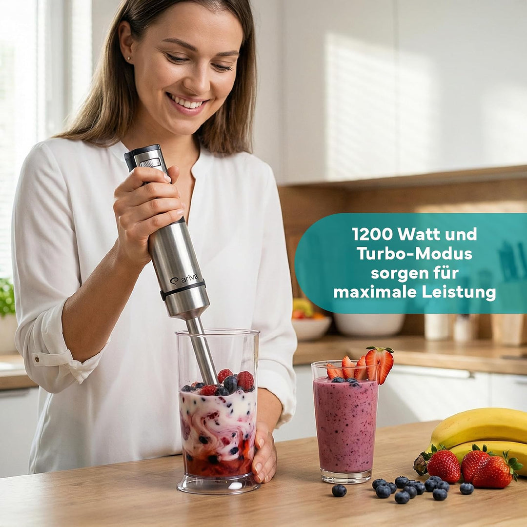 ARIVA Stabmixer 1200W Edelstahl – Handmixer mit LED-Display & Timer, Titan-beschichtete Klingen, 12