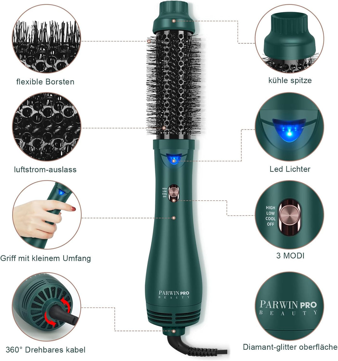 One-Step Warmluftbürste Föhnbürste, PARWIN PRO BEAUTY Rundbürstenföhn, 4 in 1 Rund Haartrockner lock